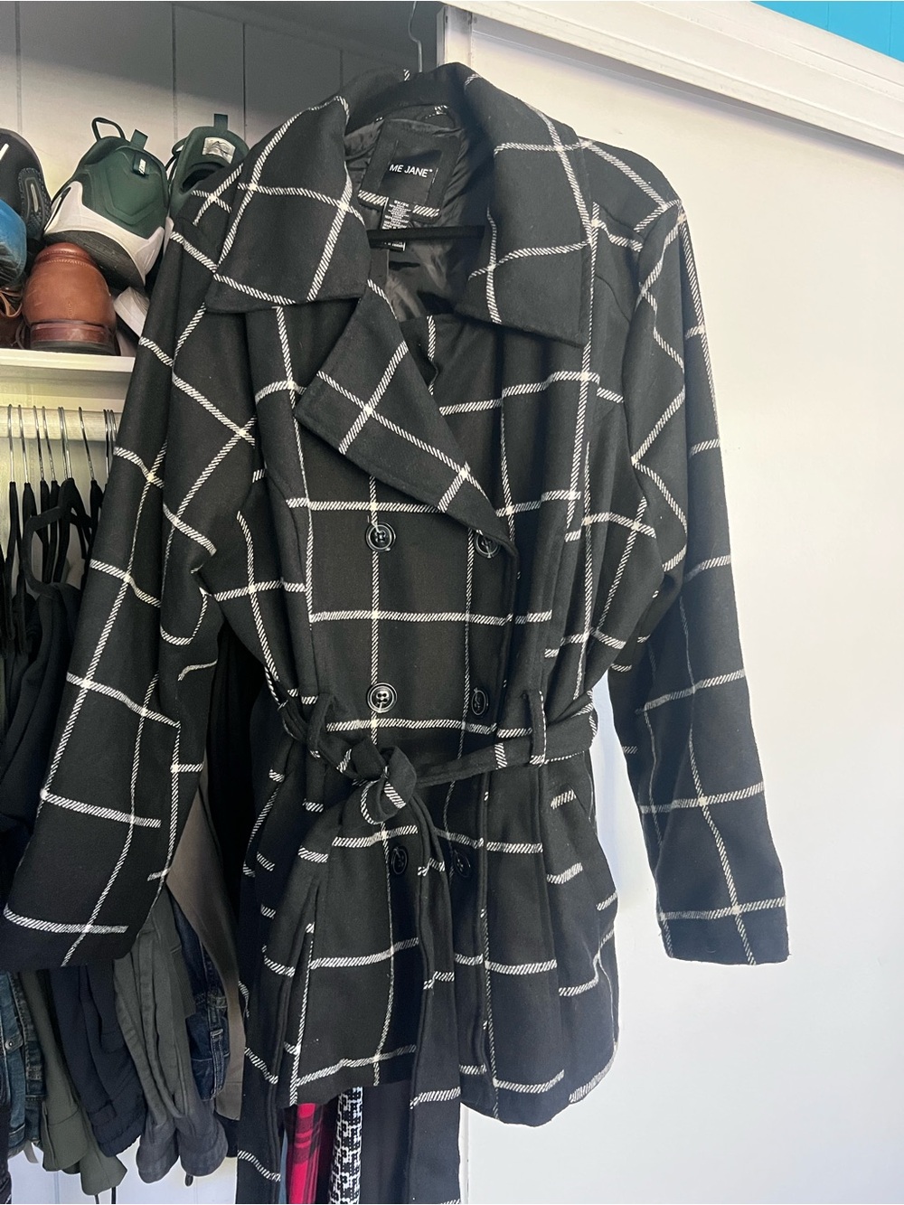 Me Jane Black Windowpane Plaid Trench Coat